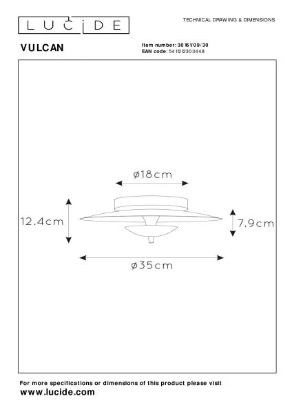 Lucide VULCAN - Plafonnier Intérieur/Extérieur - Ø 35 cm - LED Dim. - 1x9W 3000K - Noir - TECHNISCH